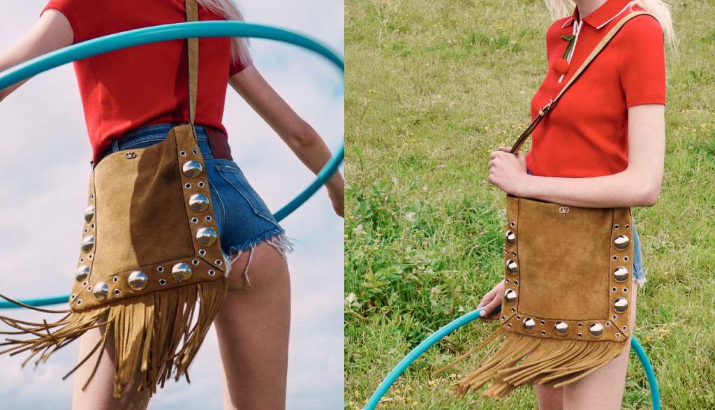 Montagem de fotos da campanha valenitno com a Nova Bolsa Nellcôte: o modelo de camurça com twist boho-chic.