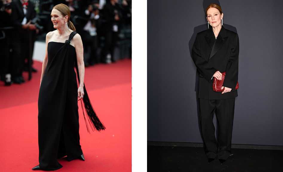 Montagem de fotos da atriz
Julianne Moore com os priemrios looks Bottega Veneta por Louise Trotter no Festival de Cannes 2025.