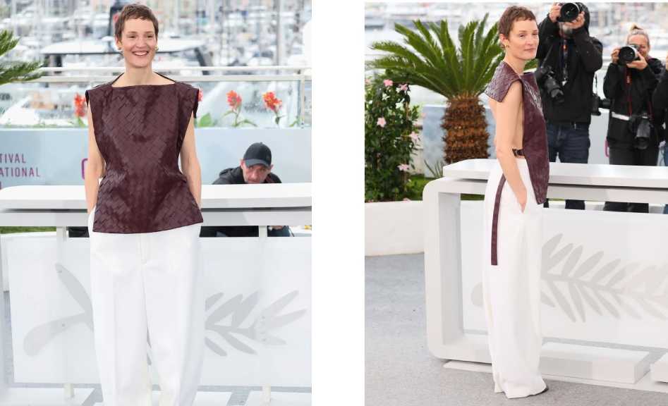 Montagem de fotos da atriz
Vicky Krieps com criações de Louise Trotter, a nova estilista da Bottega Veneta no Festival de Cannes 2025.