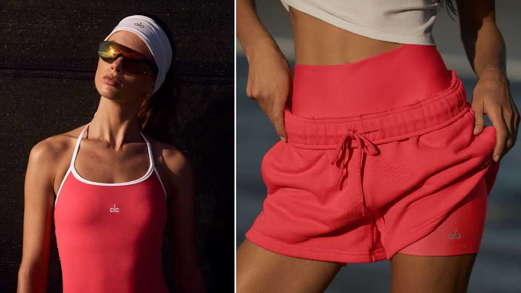 Montagem de fotos de mulher usando fotos de roupas de acadêmia da marca fitness de luxo ALO Yoga.