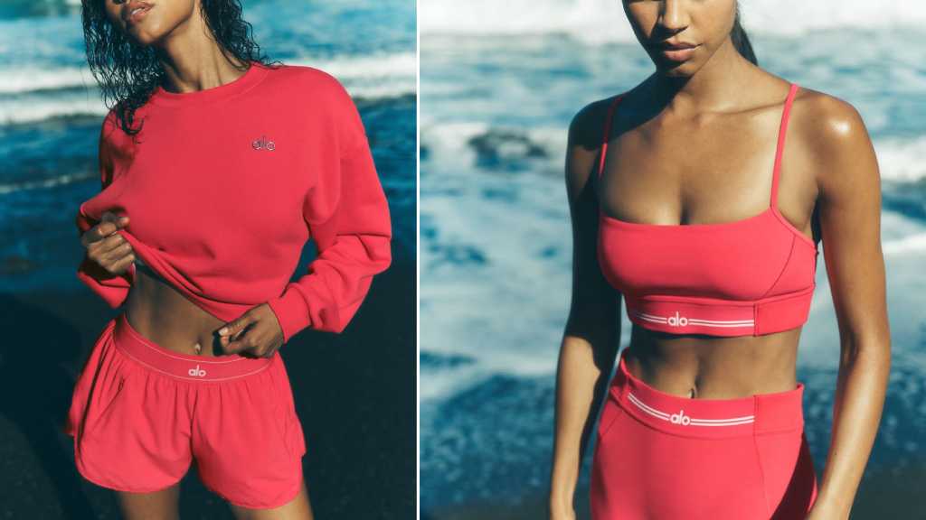 Montagem de fotos de modelo usando roupas fitness de academia da marca ALO.