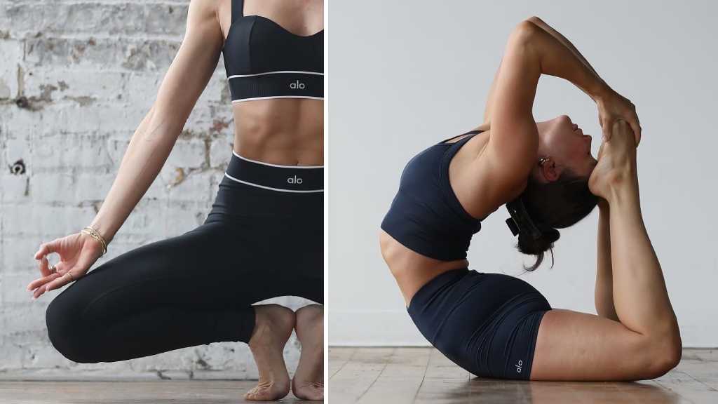 Montagem de fotos de mulher usando roupas de ginástica da marca de luxo ALO fazendo yoga.