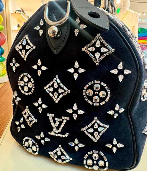 Foto dos detalhes da bolsa Speedy 30 Bandoulière com bordados de cristais.
