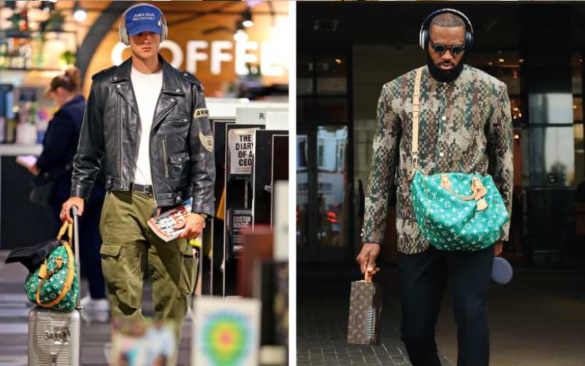Montagem de fotos de Jacob Elordi e Lebron James com a Bolsa LV P8.