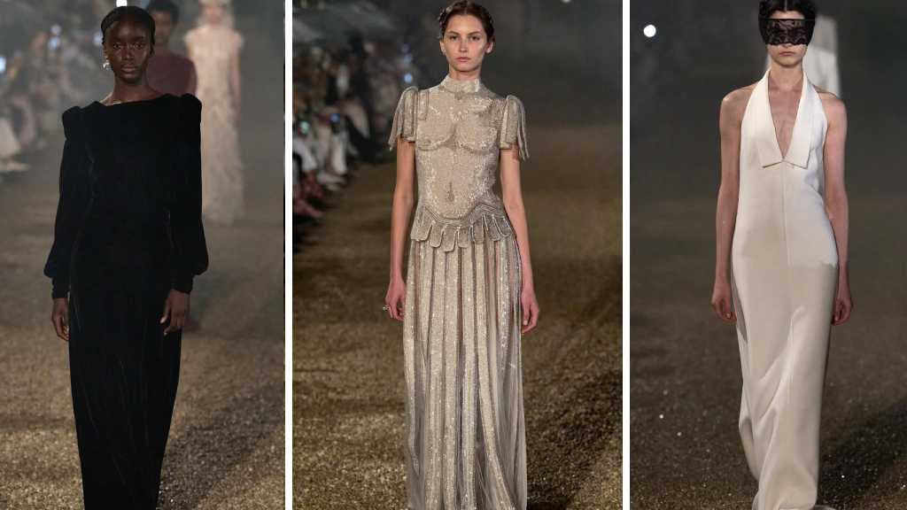 Montagem de fotos de Vetidos no desfile Cruise 2026 da Christian Dior.