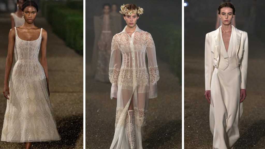 Montagem de fotos de looks do desfile Cruise Dior 2026 por Maria Grazia Chiuri em Roma.