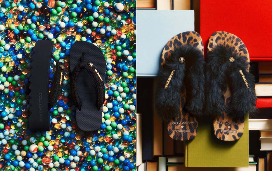 Montagem de fotos de chinelos da nova collab de 2025 da Dolce & Gabbana com a Havaianas.