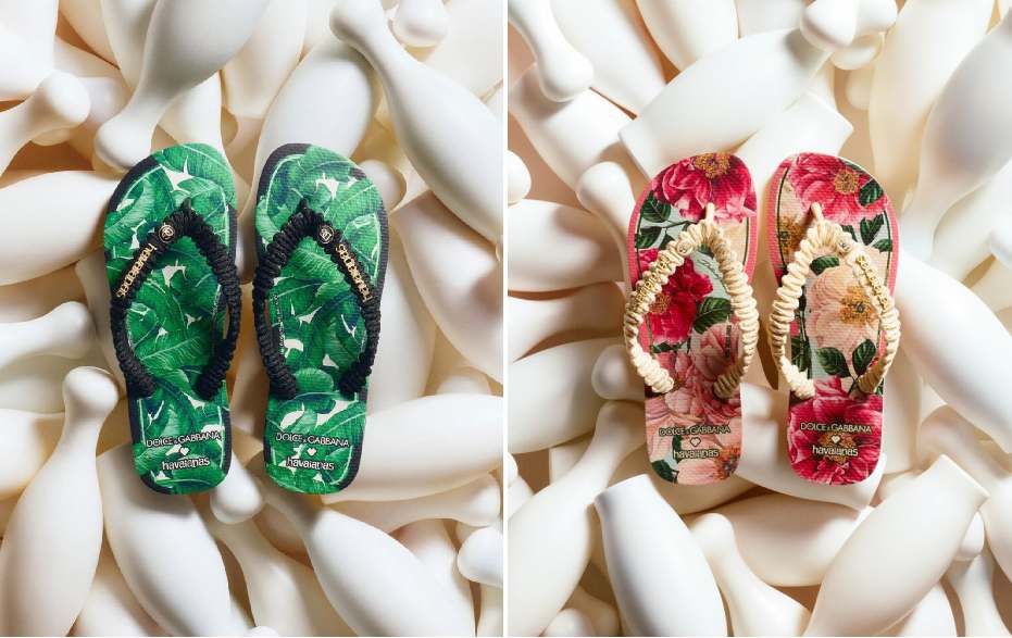 Montagem de fotos de chinelos da nova collab de 2025 da Dolce & Gabbana com a Havaianas.