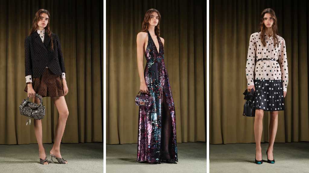 Montagem de fotos de looks da coleção fendi resort 2026.