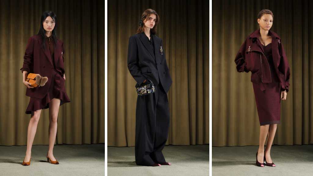Montagem de fotos do lookbook da Coleção Fendi Resort 2026 com novas variações da bolsa Baguette.