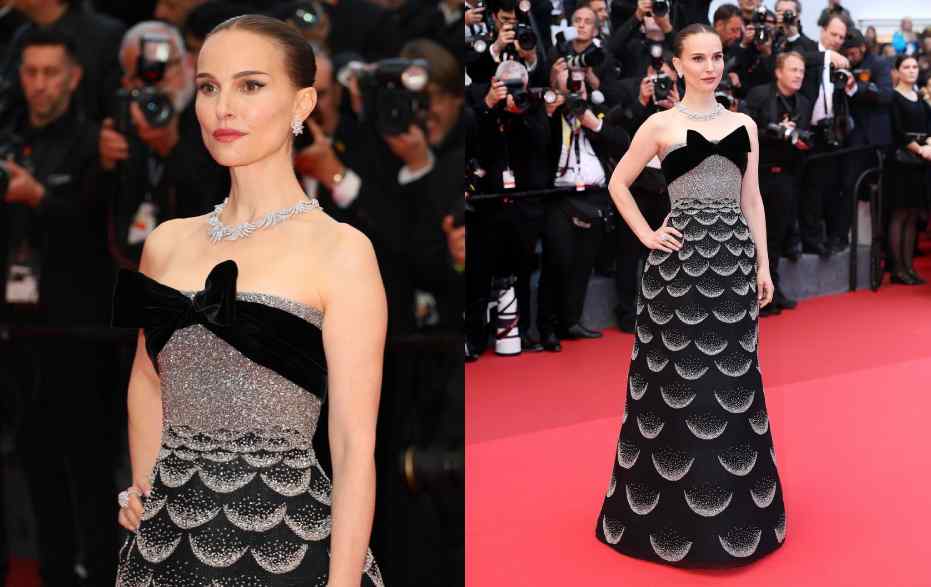 Montagem de fotos de
Natalie Portman com Vestido Dior em Cannes 2025.