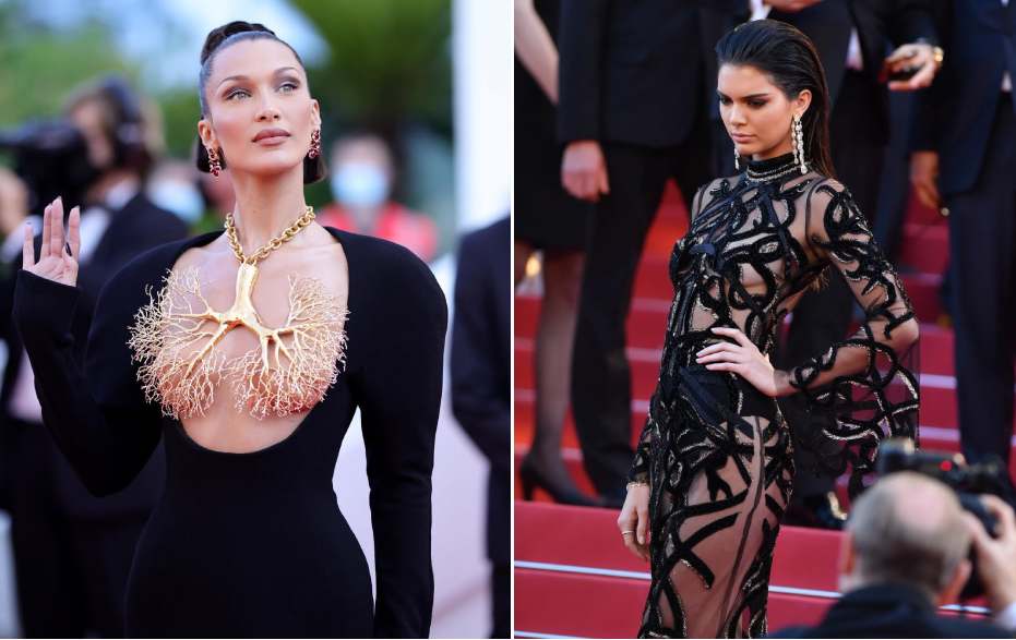 Montagem de fotos de Bella Hadid e Kendall Janner com os seus "naked dress" icônicos em edições anteriores do Festival de Cannes.