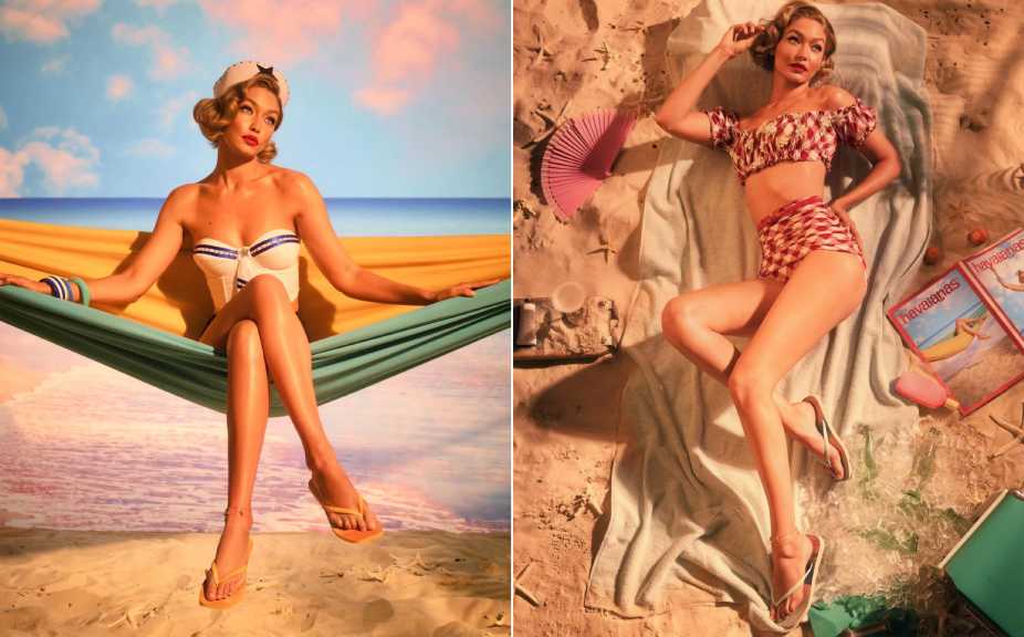 Montagem de fotos da modelo Gigi Hadid embaixadora global e diretora criativa da Havaianas com a sua primeira coleção inspirada em pin-ups