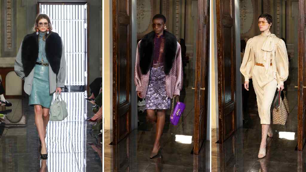 Montagem de fotos da coleção cruise 2026 da Gucci.