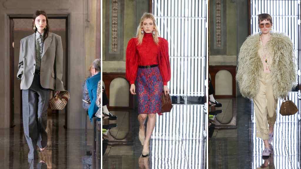 Montagem de fotos do Desfile Gucci Cruise 2026 em florença ainda sem Demna.