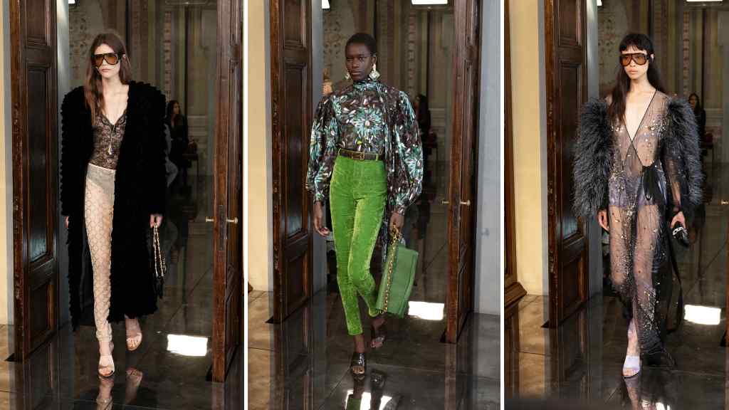 Montagem de fotos do Desfile da Gucci Cruise 2026 assinado pelo atelier interno da marca.