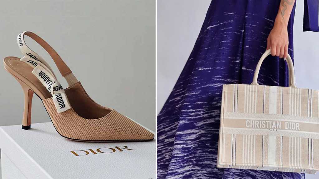 Montagem de fotos do Slingback J'adior e Bolsa Book Tote: hits de sucesso de Maria Grazia na Dior.