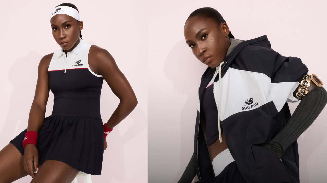 Montagem de fotos da Tênista Coco Gauff assina a nova collab Miu Miu X New Balance.