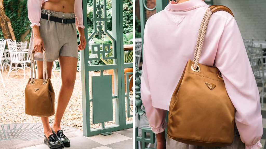 Montagem de duas fotos da Nova Bolsa Prada Mariner: modelo em nylon com twist náutico é tendência no verão europeu de 2025