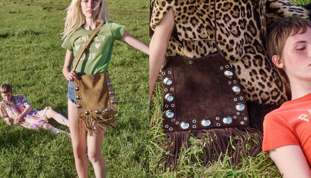 Montagem da Nova Campanha da Marca Valentino com a Nova Bolsa Valentino Garavani Nellcôte de camurça com franjas.