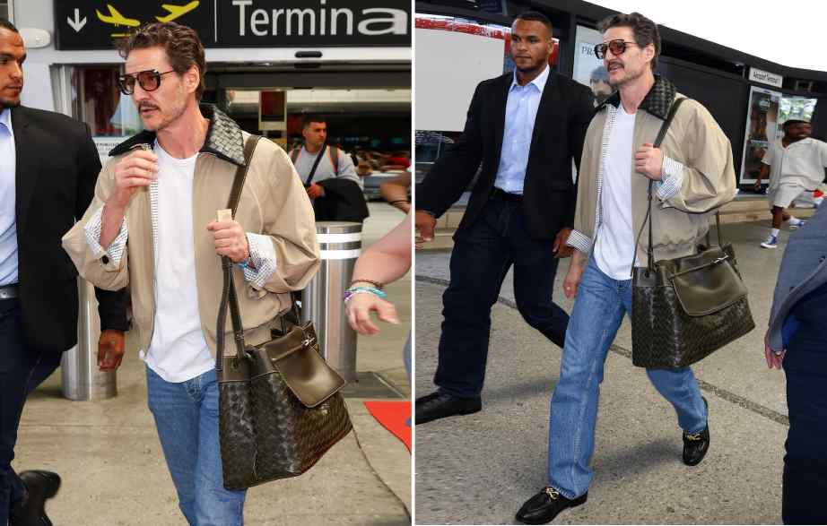 Montagem de fotos do ator Pedro Pascal com seu look Bottega Veneta no festival de Cannes 2025.