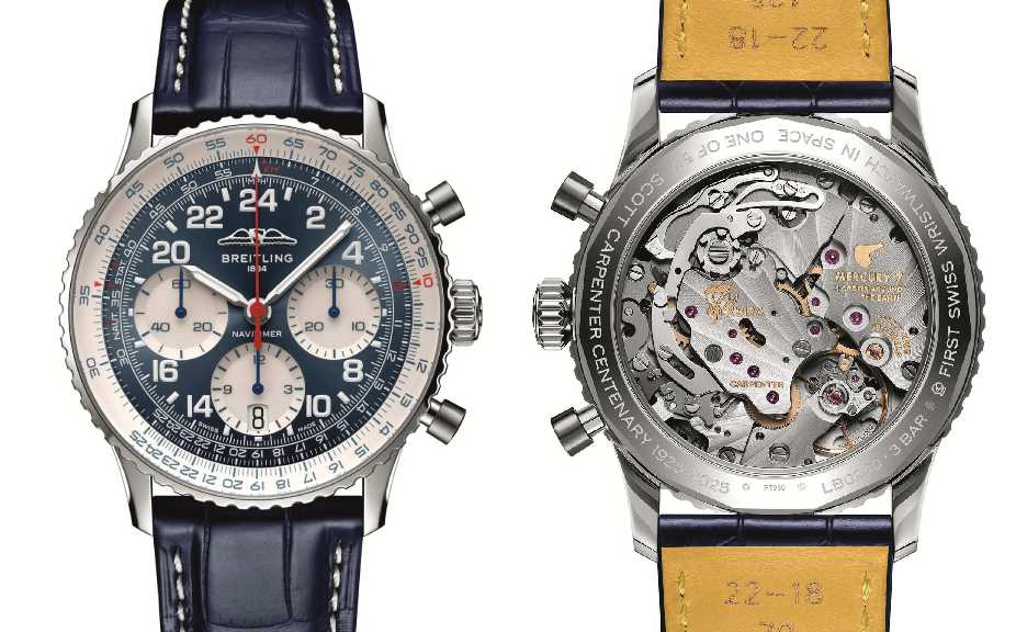 Montagem de fotos que mostramos os detalhes do mecanismo do Novo Relógio Breitling Navitimer B02 Chronograph 41 Cosmonaute Scott Carpenter Centenary.