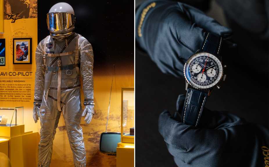 Montagem de fotos do traje especial usado pelo astronauta Scott Carpenter em 1962 ao lado do relógio breitling Navitimer Cosmonaute.