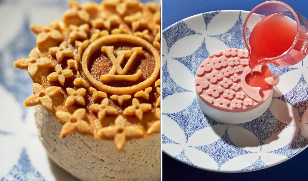 Montagem de fotos de Pratos de sobremesa do Restaurante Louis Vuitton em Saint Tropez.