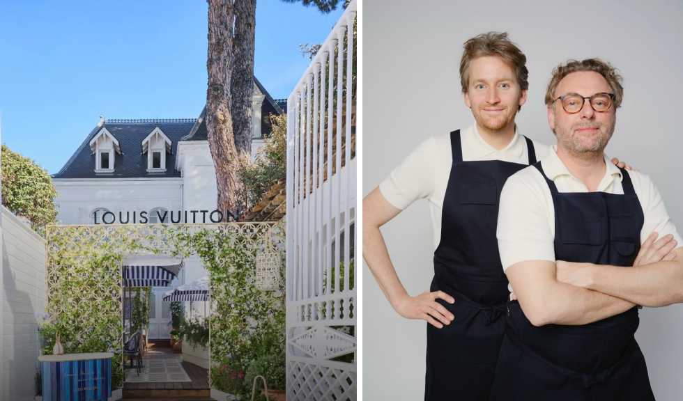 Montagem de fotos do Restaurante Louis Vuitton em Saint Tropez ao lado dos chefes Arnaud Donckele e Maxime Frédéric.
