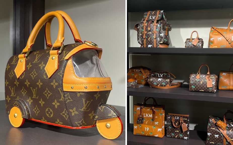 Montagem de fotos de bolsas da Louis Vuitton com inpiração no carrinho indiano Tuk-Tuk.