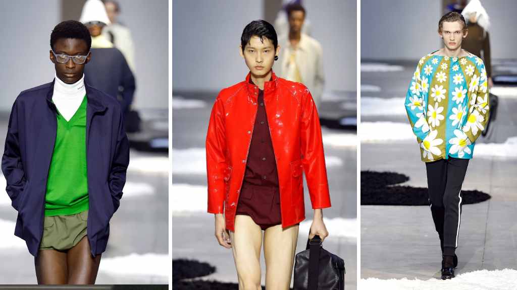 Montagem de fotos do Desfile Masculino da Prada Verão 2026 na Semana de Moda de Milão.