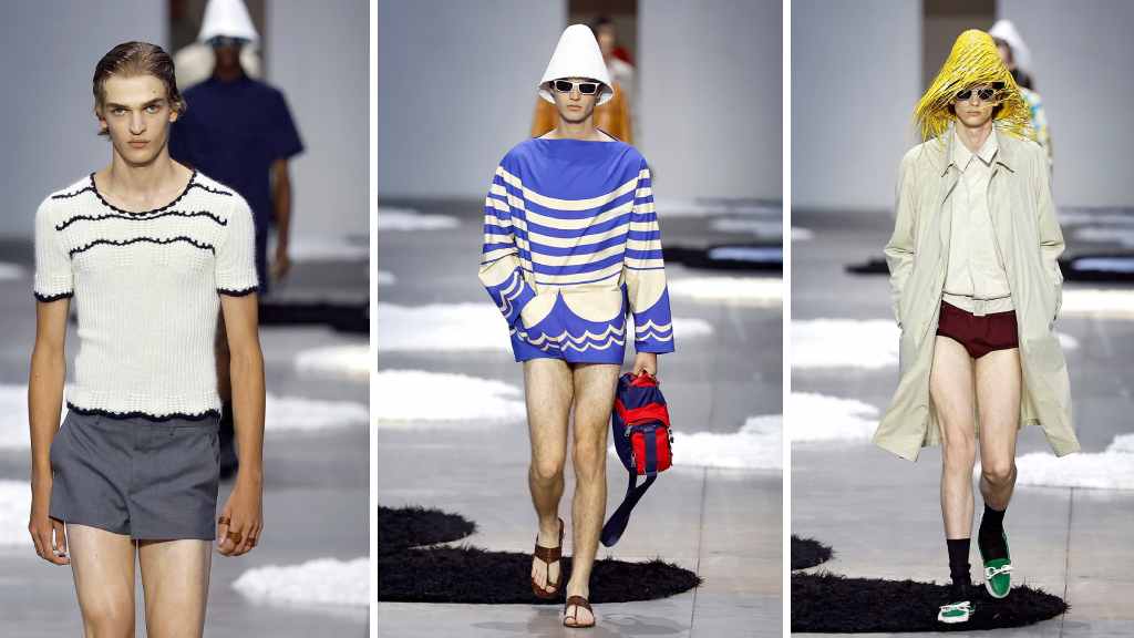 Montagem de 3 fotos do desfile da Prada na MFW 2025.