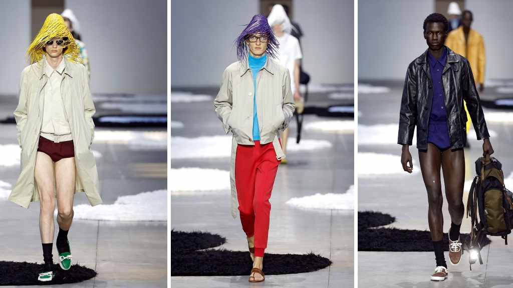 Montagem de fotos de modelos homens usando roupas Prada.