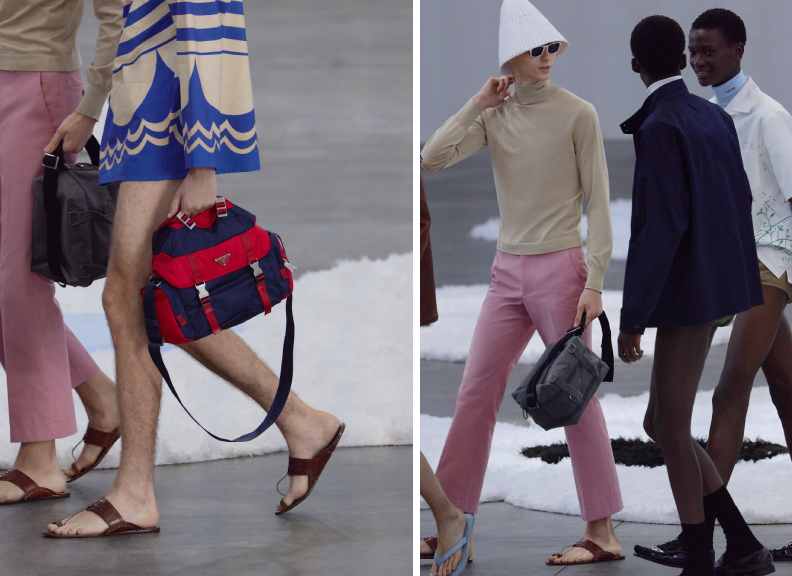 Montgem de fotos de modelos masculinos carregando bolsas de nylon da Prada.