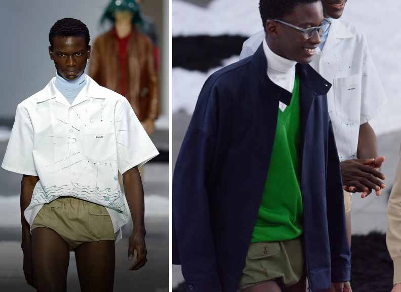 Montagem de duas fotos do desfile prada spring summer 2026.