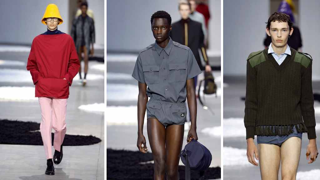 Montagem de 3 fotos de looks da coleção masculina da prada spring summer 2026.