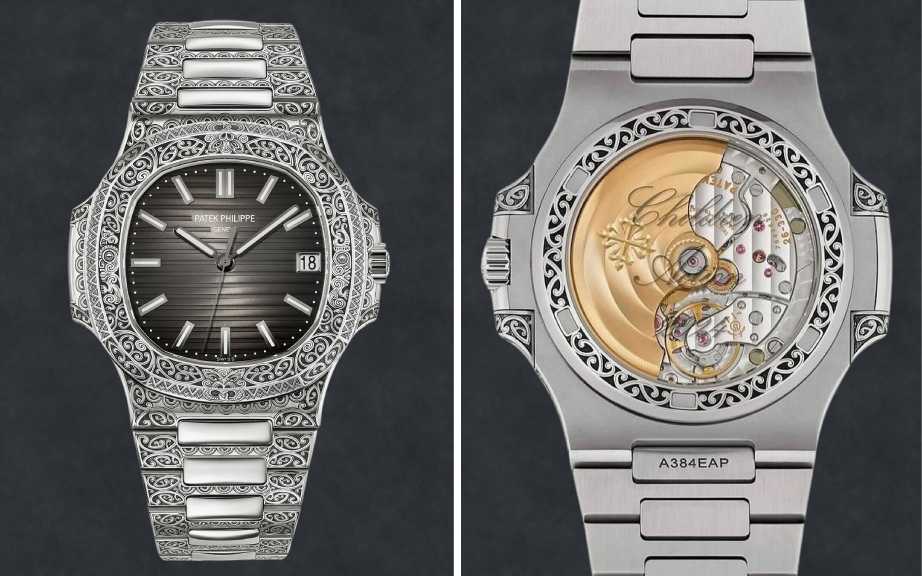 Montagem de fotos do
Exemplar único do Relógio Patek Philippe Nautilus Ref. 5711/1500A em aço inoxidável, criado exclusivamente para o leilão beneficente da Children Action em Genebra.