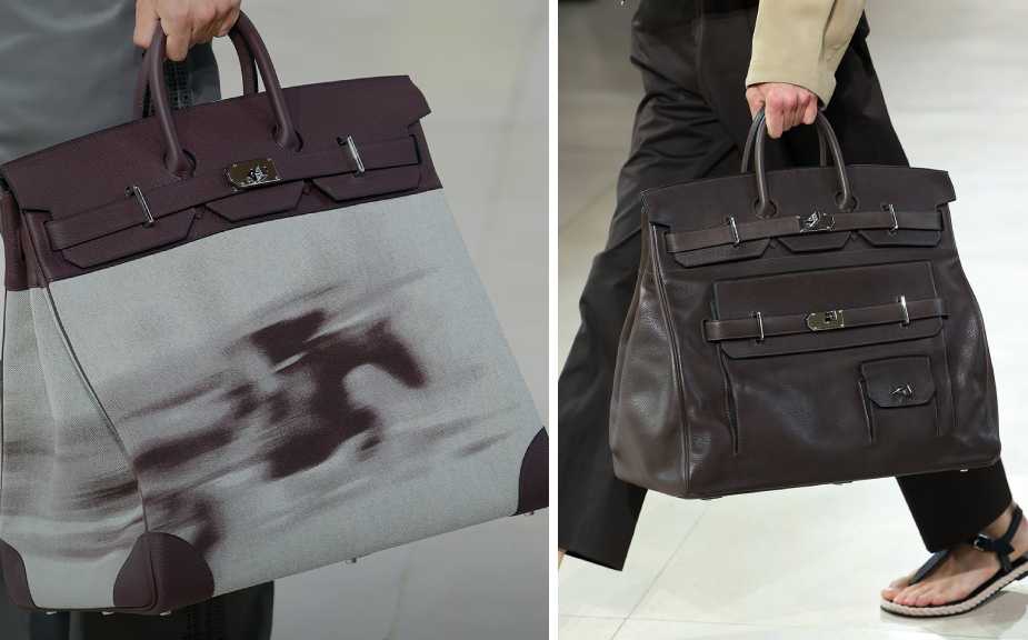 Montagem de duas fotos de bolsas Birkin do Desfile Masculino Hermès Verão 2026 na Paris Fashion Week.