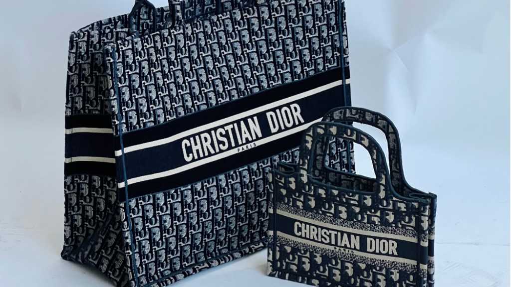 Foto de Dois tamanhos da Dior Book Tote, modelo de sucesso criado por Maria Grazia Chiuri.