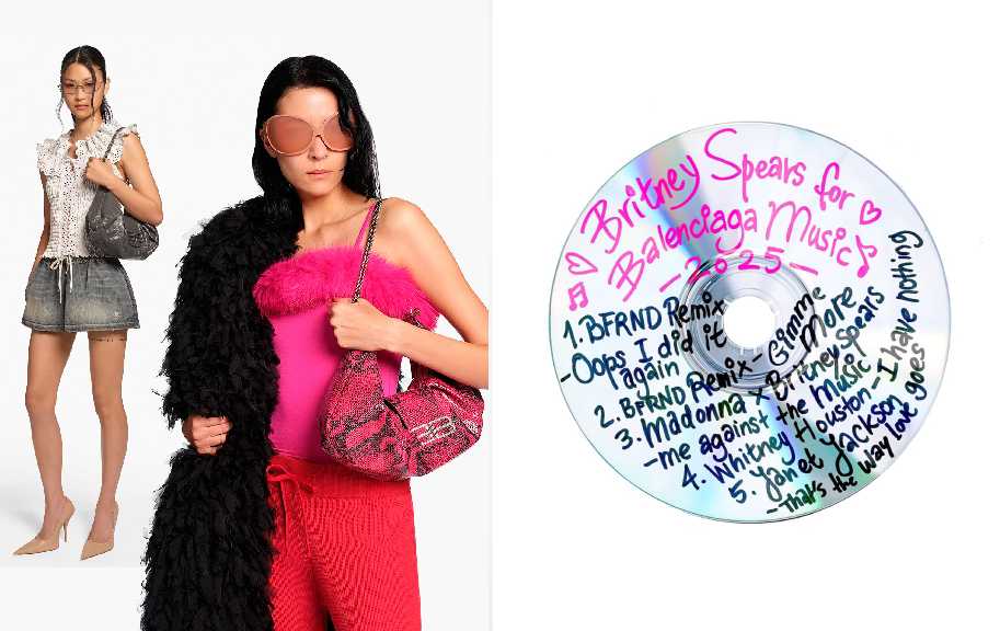 Montagem de foto da camapnha da
Balenciaga + Britney Spears: A coleção cápsula inclui roupas, acessórios e até remixes de faixas clássicas da cantora.
