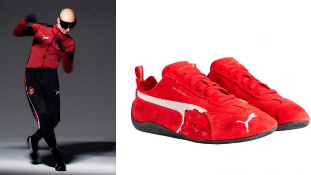 Montagem de fotos da Campanha da Collab Balenciaga X Puma ao lado Novo Tênis Destroyed Speedcat.