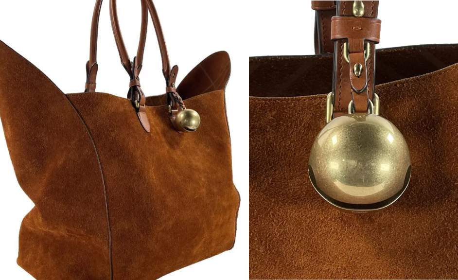 Montagem de fotos da bolsa de camurça marrom da Burberry.