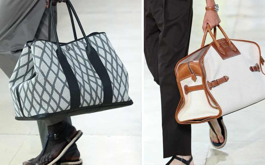 Montagem de fotos de bolsas no Desfile Masculino Hermès Verão 2026.