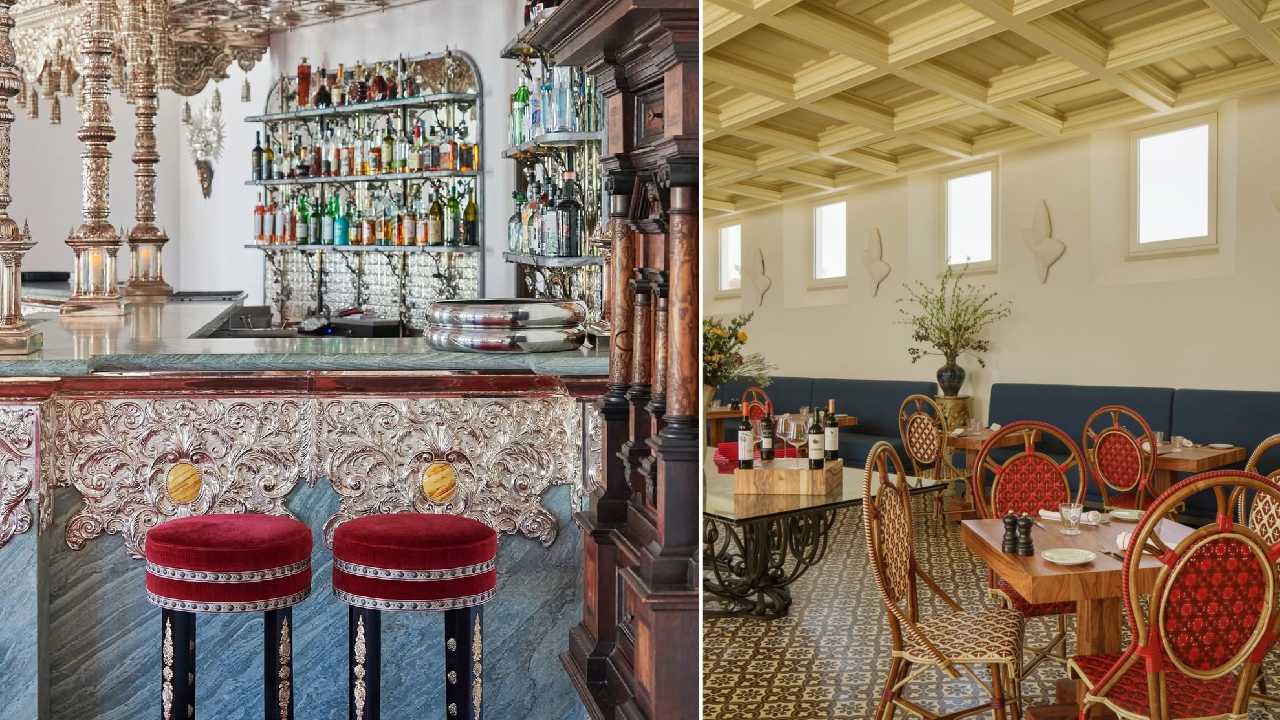 Montagem de fotos do Bar e restaurante do Hotel Vermelho projetado pela arquiteta Madalena Caiado