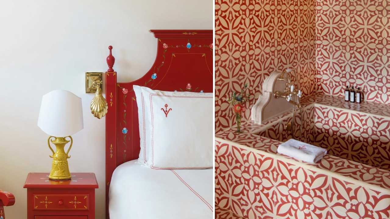 Montagem de fotos de detalhes do quarto e banheira do Hotel de Christian Louboutin em Portugal