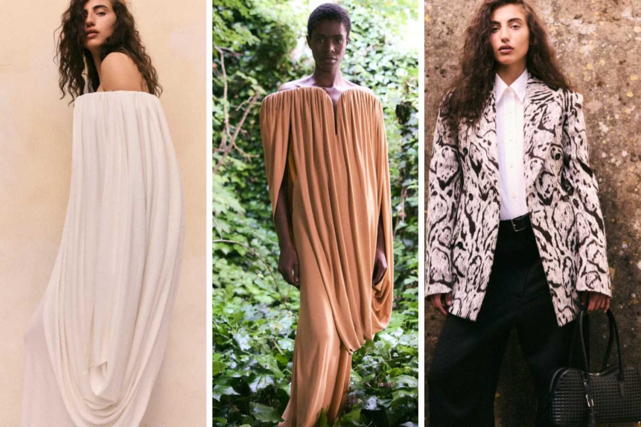 Montagem de 3 fotos da coleção de resort 2026 da marca de luxo Stella McCartney que explora a sustentabilidade .