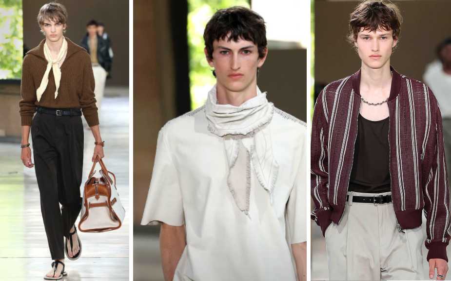 Montagem de 3 fotos de modelos usando lenços no desfile masculino da Hermès na Paris Fashion Week.