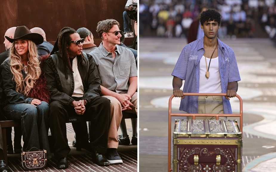Montagem de fotos de Beyoncé, Jay-Z e Bradley Cooper na primeira fila do Desfile Masculino Louis Vuitton Verão 2026.