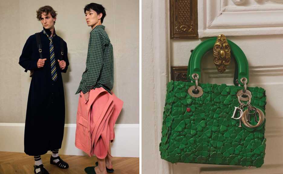 Montagem de fotos do Desfile Dior Spring Summer 2026 ao lado da bolsa Lady Dior com trevos.