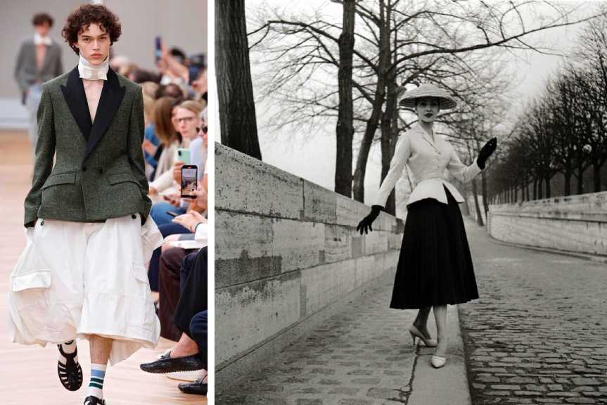 Montagem do foto do new look de christian dior ao lado de um look masculino de jonathan anderson para a maison.